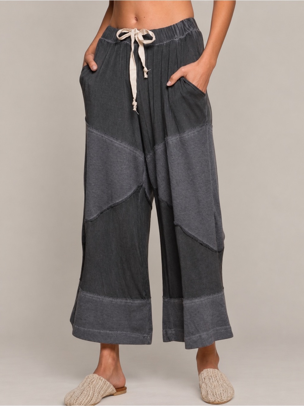 POL Charcoal Patchwork Wide Leg Culotte Pants M/L NWT